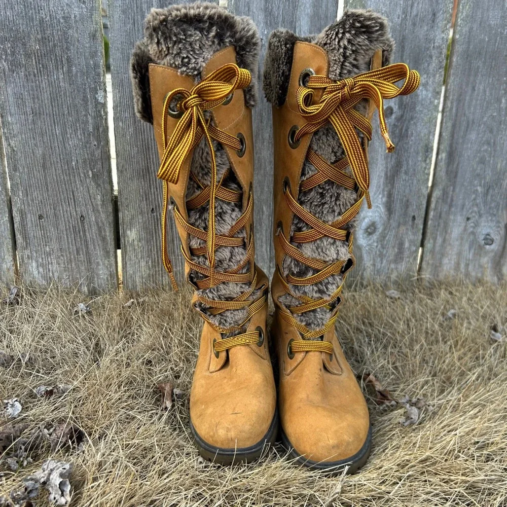 Timberland Wheat Nubuck Faux Fur Tall Lace Up Winter Boots‎ 91335 Womens 8.5 M